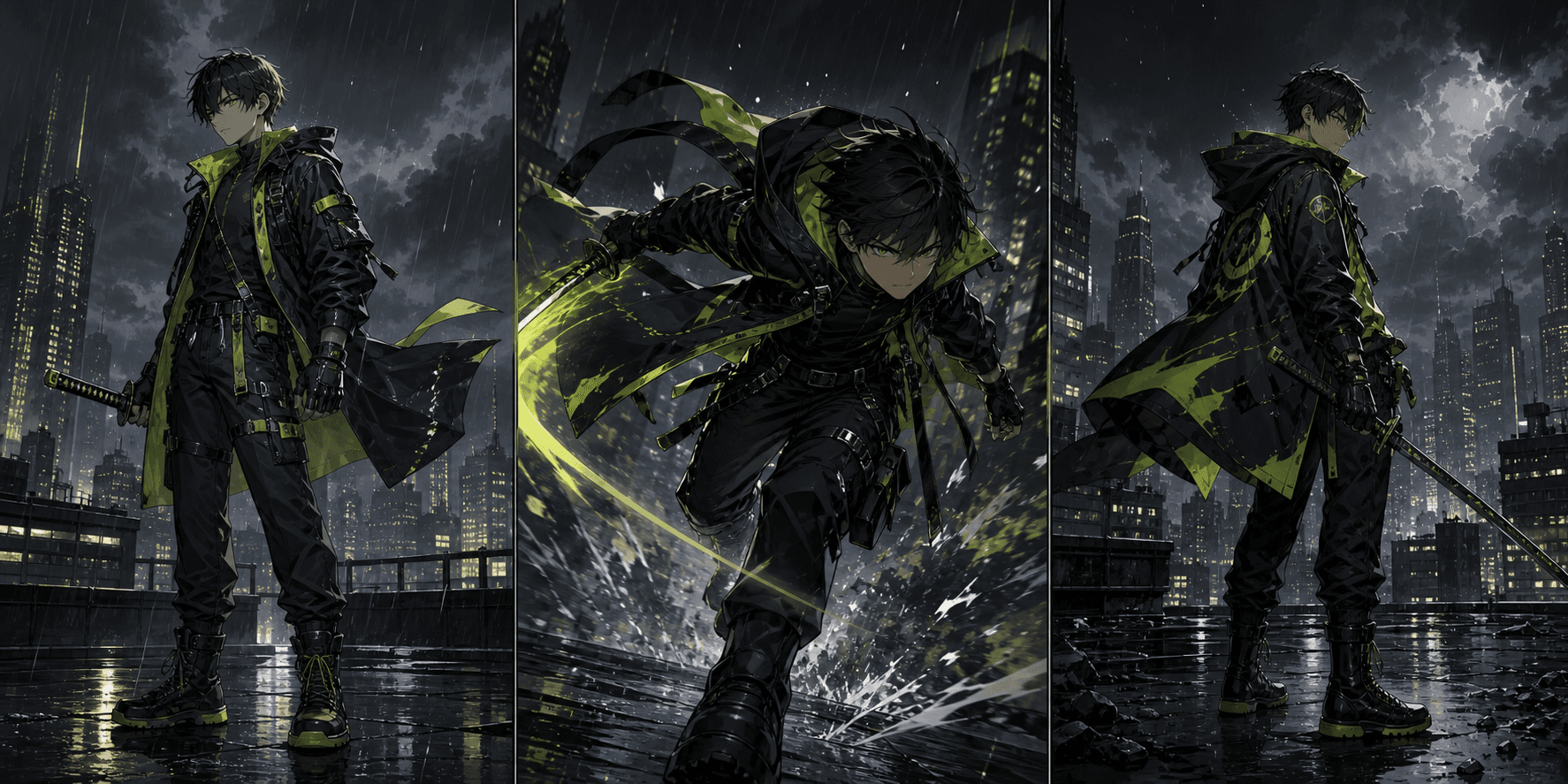 Original anime character shown in three key poses
