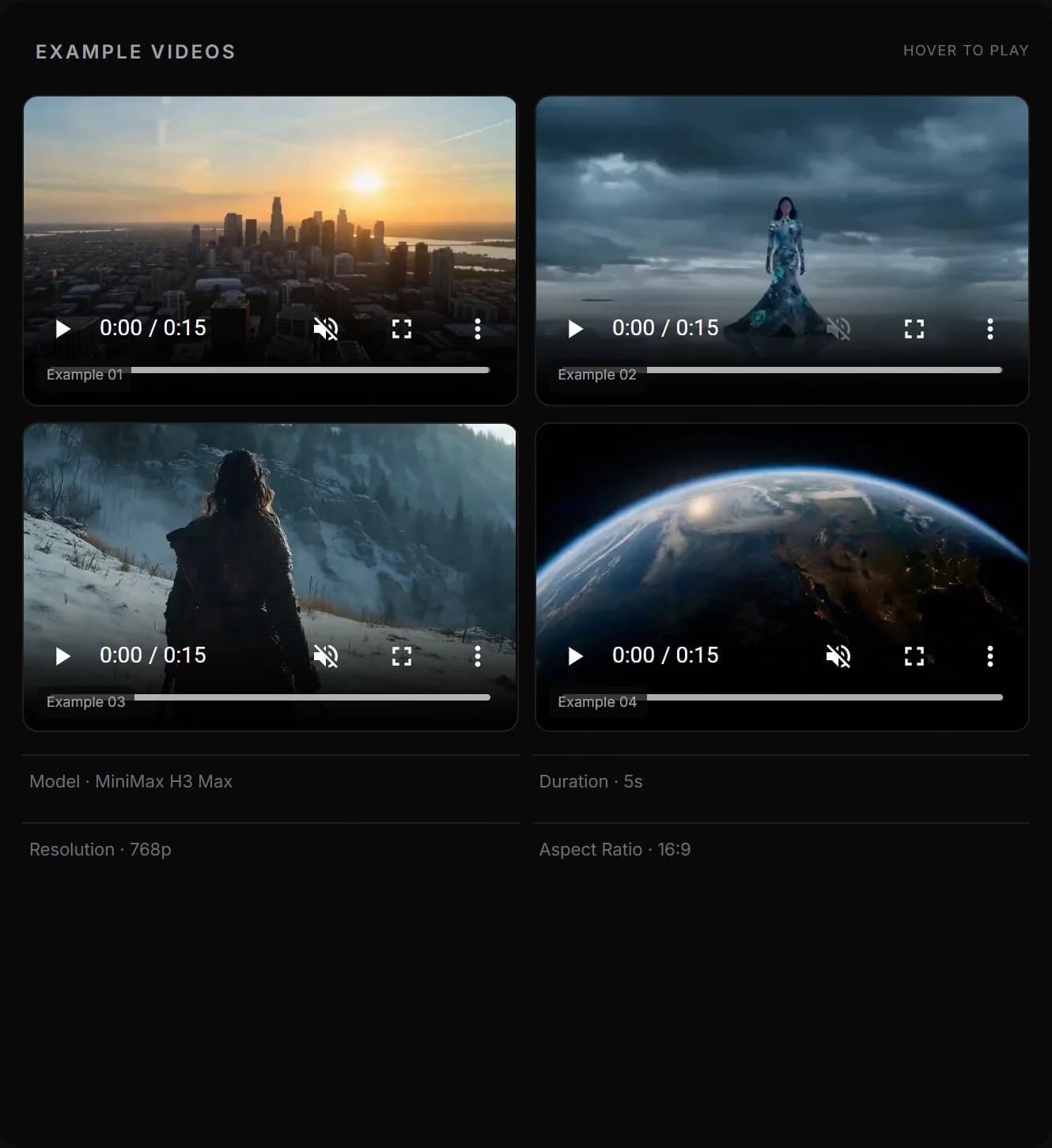 Four prerecorded example videos in the tool preview area