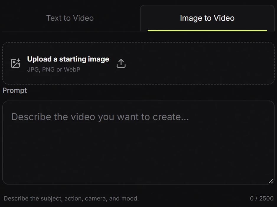 Image to Video selected with a JPG PNG or WebP upload area above the required prompt field