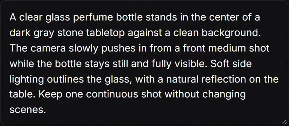 Prompt field filled with the perfume bottle camera push-in example