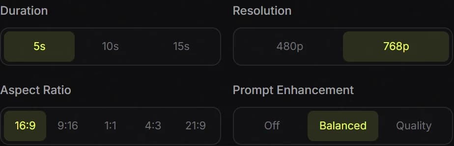 Video settings showing 5s, 768p, 16:9, and Balanced selected