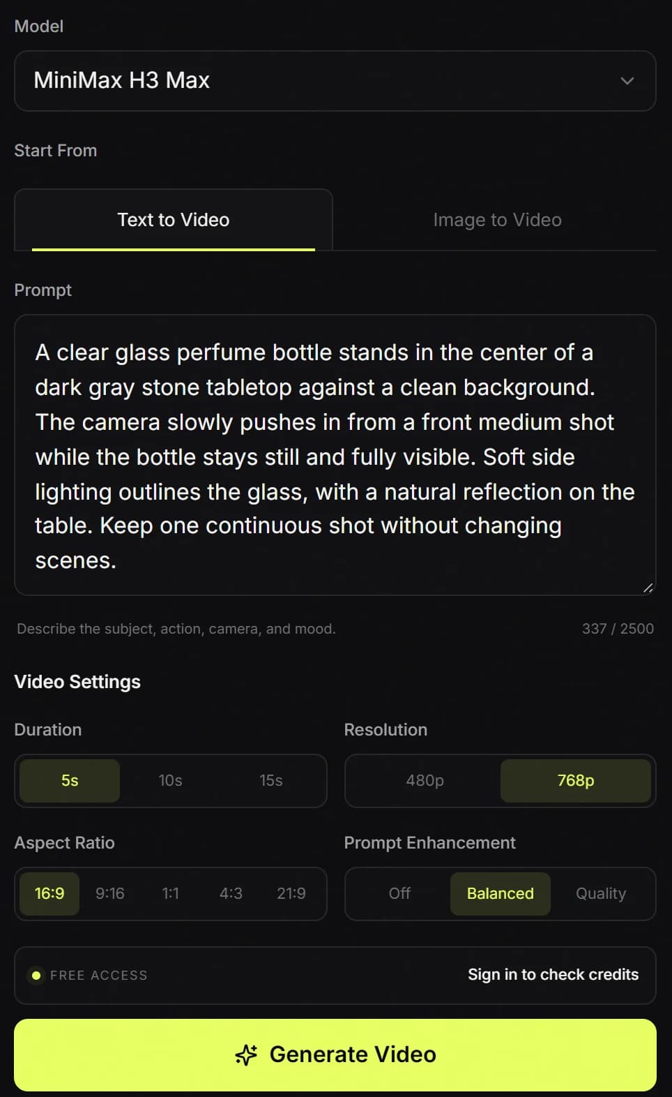 Completed text request with video settings, account status, and Generate Video button