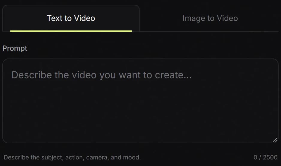 Text to Video selected with the prompt directly beneath the tabs and no image upload field