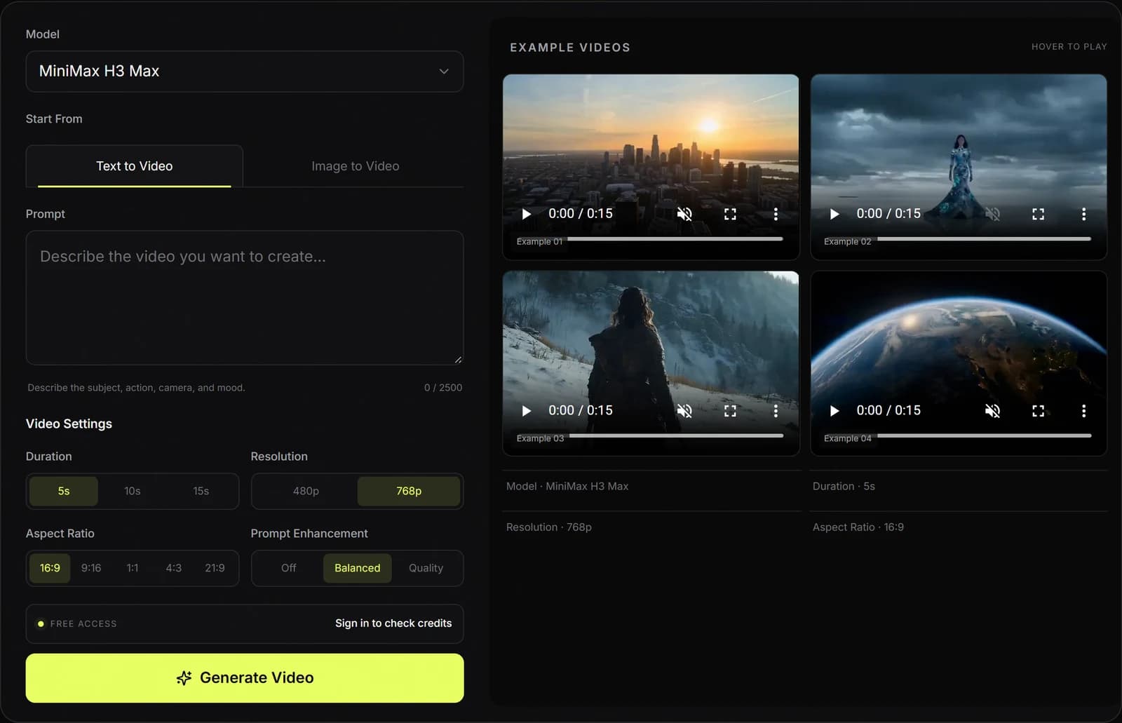 MiniMax H3 Max workspace with request controls on the left and four example videos on the right