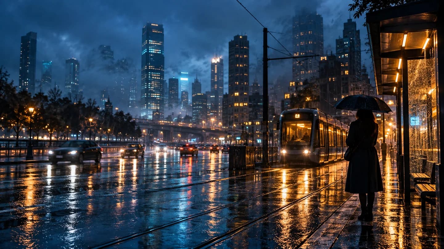 Rainy city intersection illustrating a 16 by 9 landscape frame