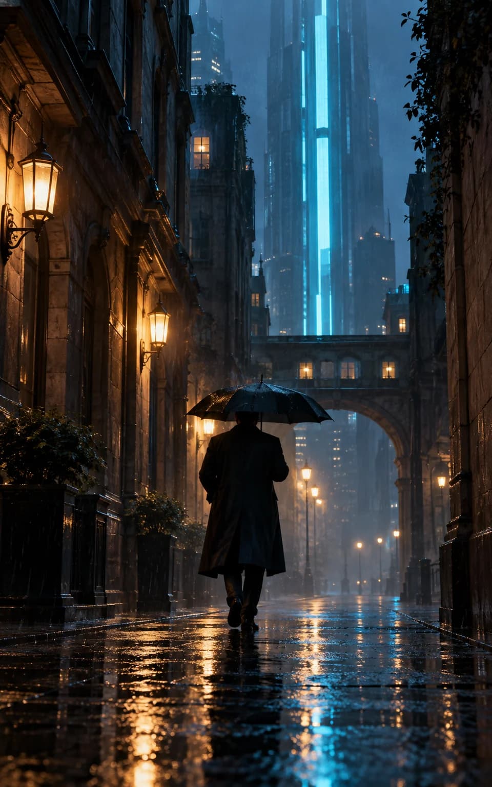 Vertical rainy city scene illustrating a 9 by 16 mobile frame
