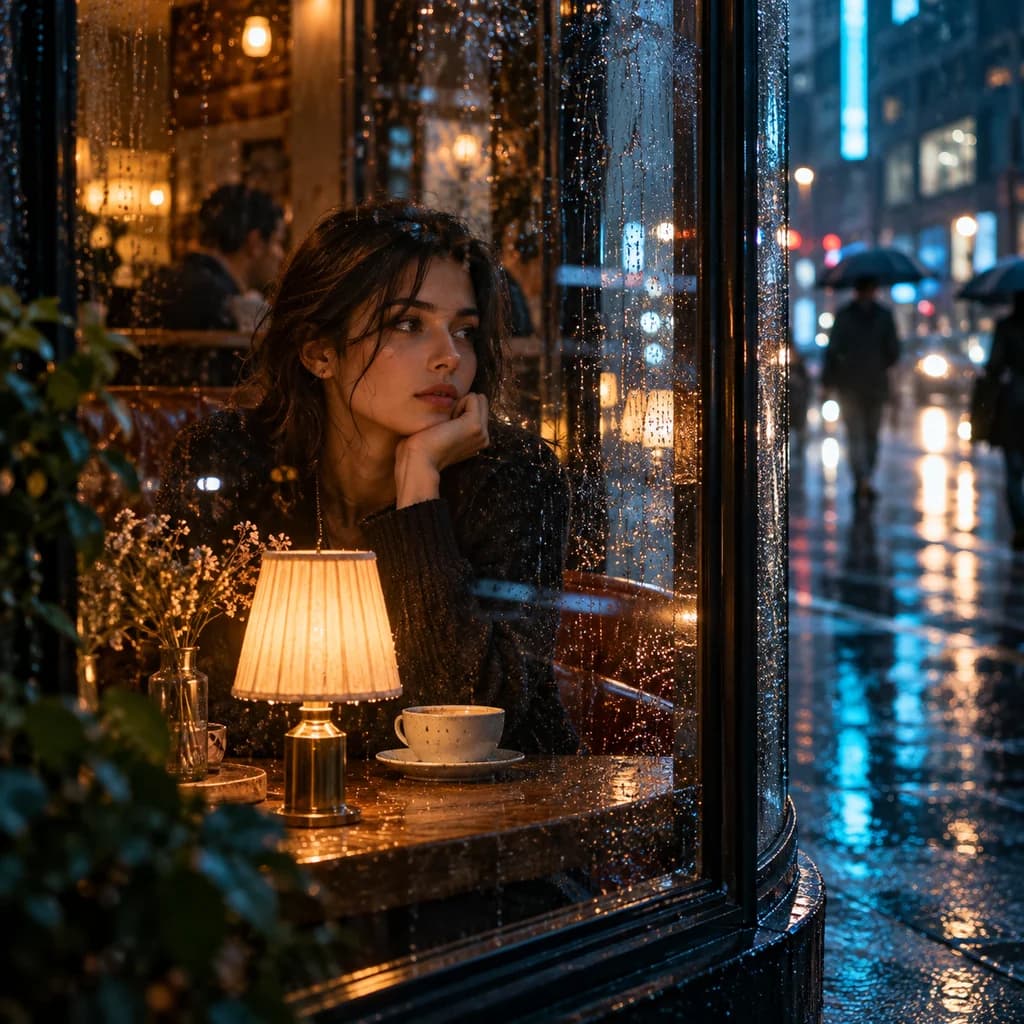 Rainy cafe window illustrating a square video composition