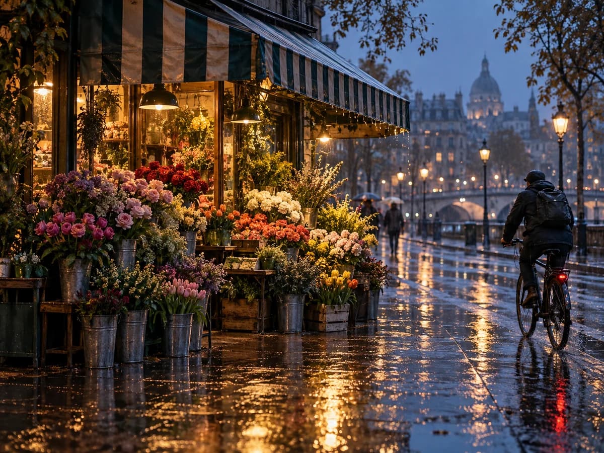Rainy flower stall illustrating a 4 by 3 standard frame