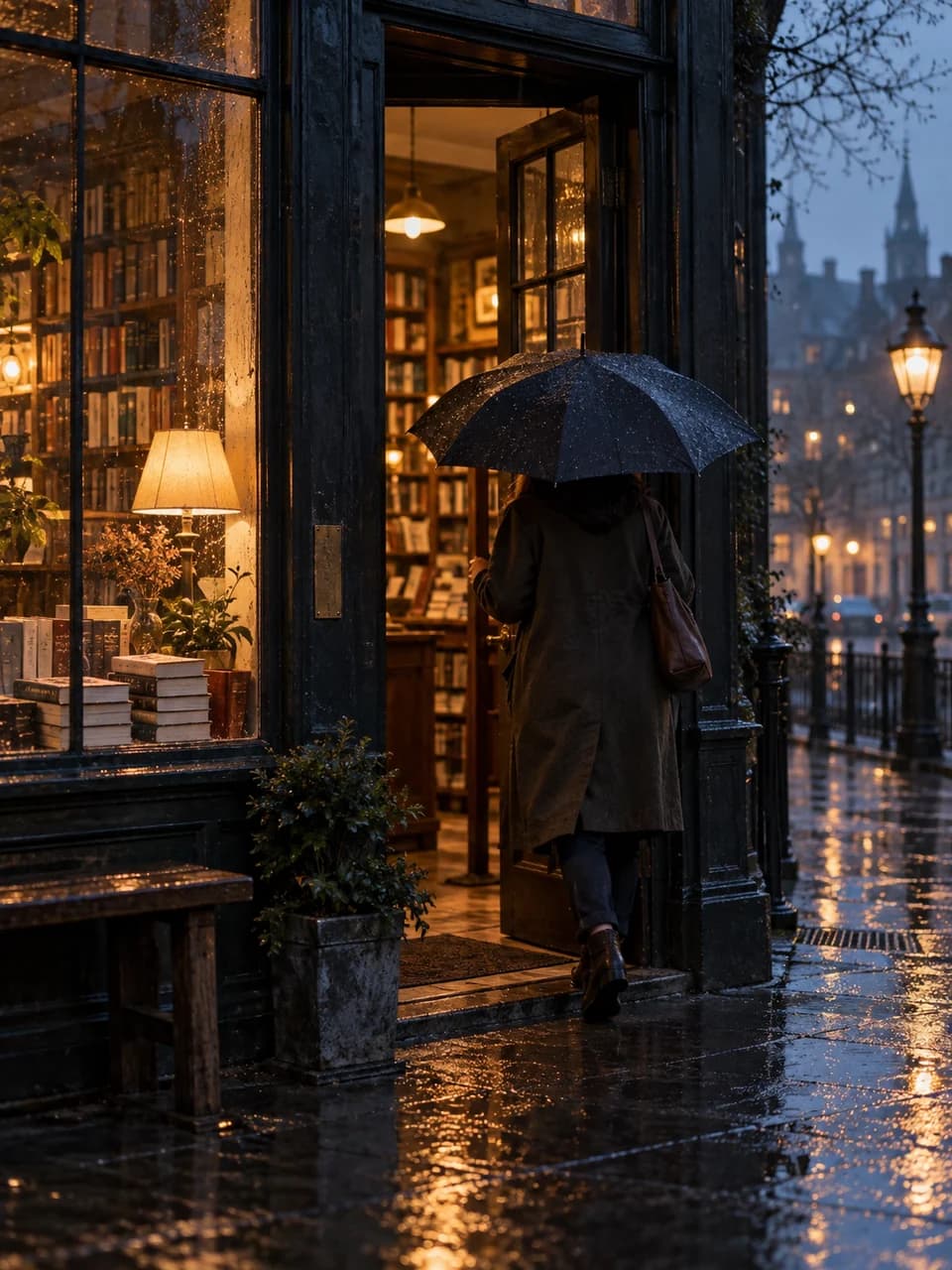 Rainy bookshop entrance illustrating a 3 by 4 portrait frame