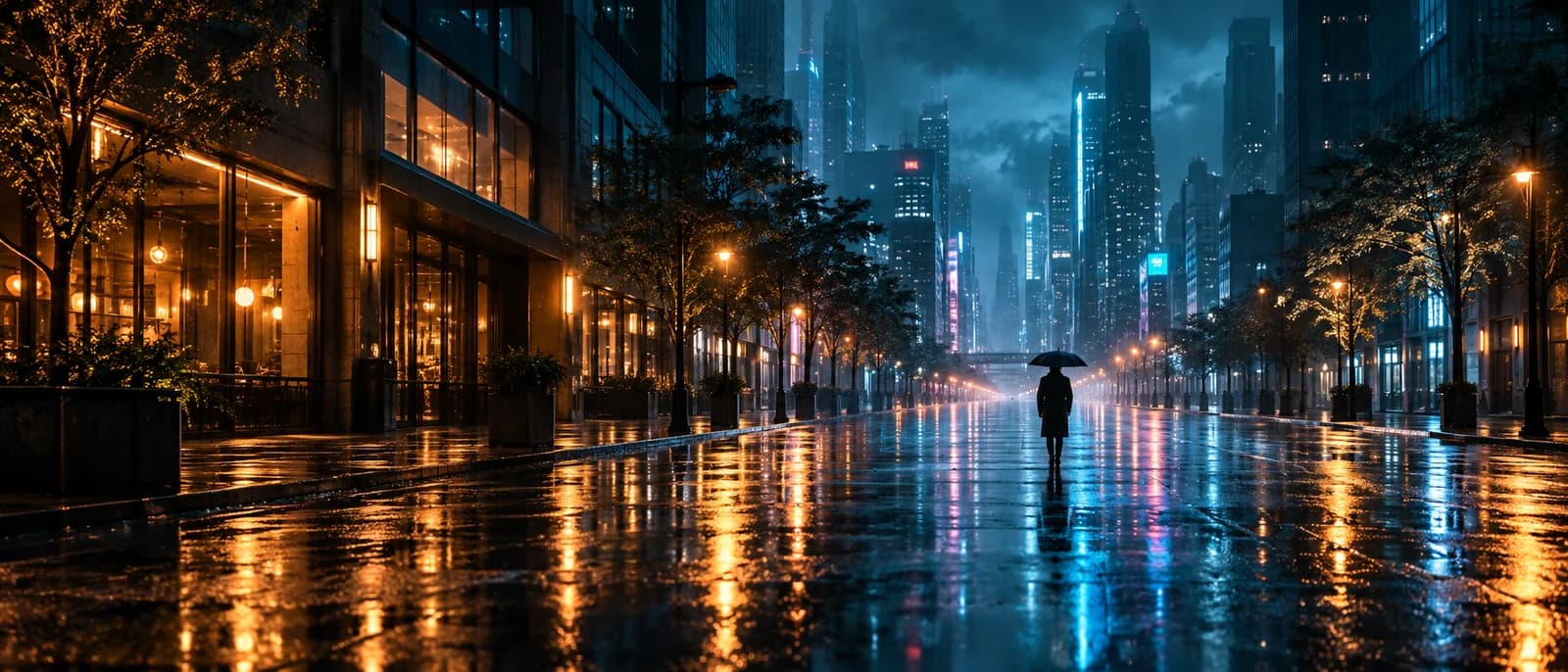 Ultra-wide rainy city composition illustrating a 21 by 9 frame